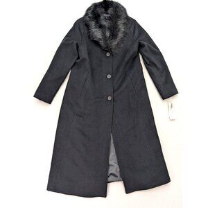 Jones New York Women's Overcoat Size 4 Black Wool Blend Faux Fur Trim NEW